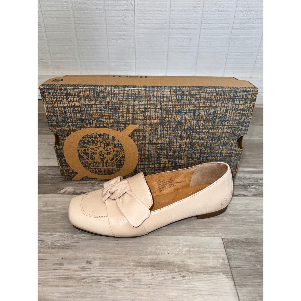 Born Loafer Women Cream Leather Knotted Bow Square Toe Flat BR0016701 Size 7.5M